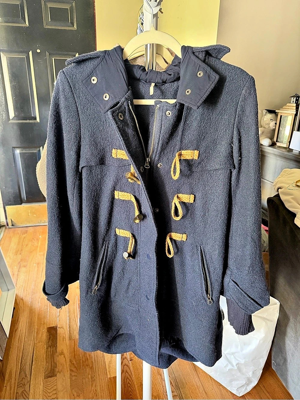 Free People Alma Duffle Coat Navy Hooded Toggle Coat